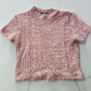 Derek Heart Y2K Baby Pink Fuzzy Mock Neck Cropped Tee